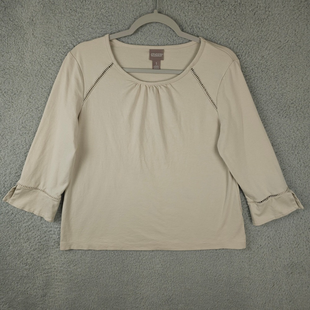 Chicos Shirt Womens 1 US Medium Beige Eyelet Inset Split Cuff Scoop Neck Top
